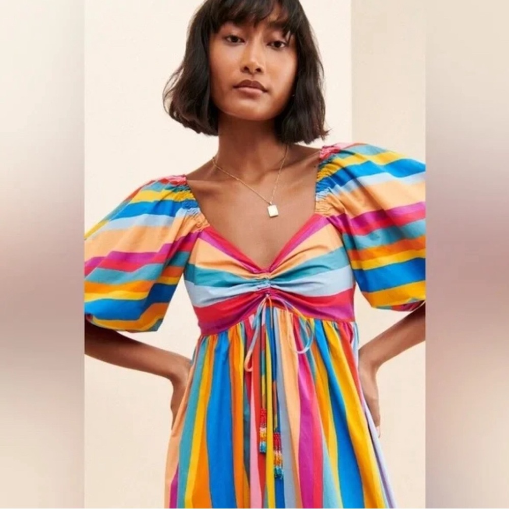 Farm Rio Rainbow Striped Scarf Ruffled Puff Sleeve V-Neck Maxi Dress S